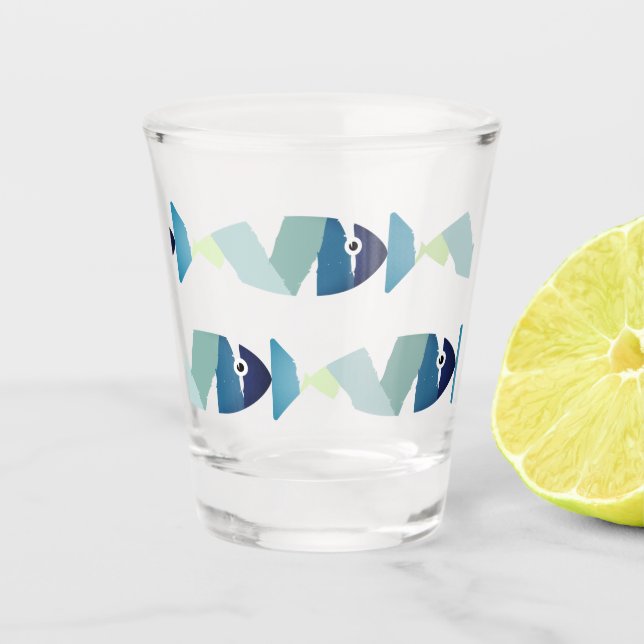 Abstract Swimming Blue Fish Shot Glass (Front)
