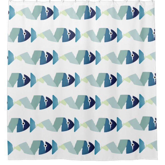 Abstract Swimming Blue Fish Shower Curtain (Front)
