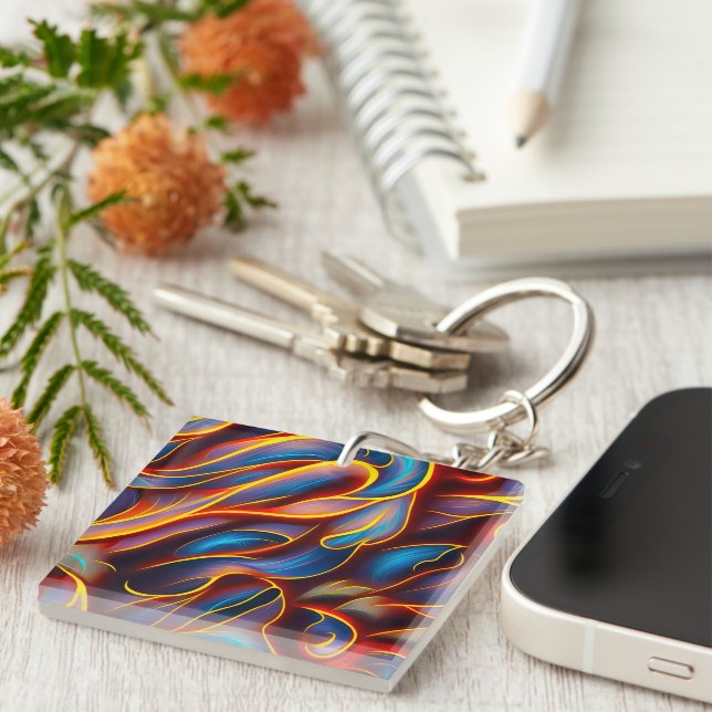 Abstract Swirl Blue Red Flames Key Ring (Front Right)