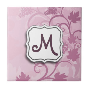 Abstract Swirl Floral Lavender Grapes and Monogram Tile