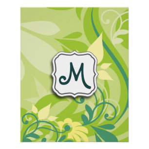 Abstract Swirl Floral Lime Green with Monogram Poster