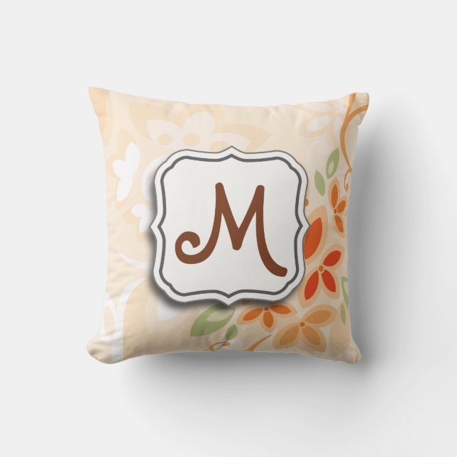 Abstract Swirl Floral Orange with Monogram Cushion (Front)