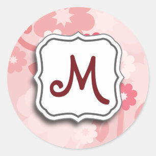 Abstract Swirl Floral Pink with Monogram Classic Round Sticker