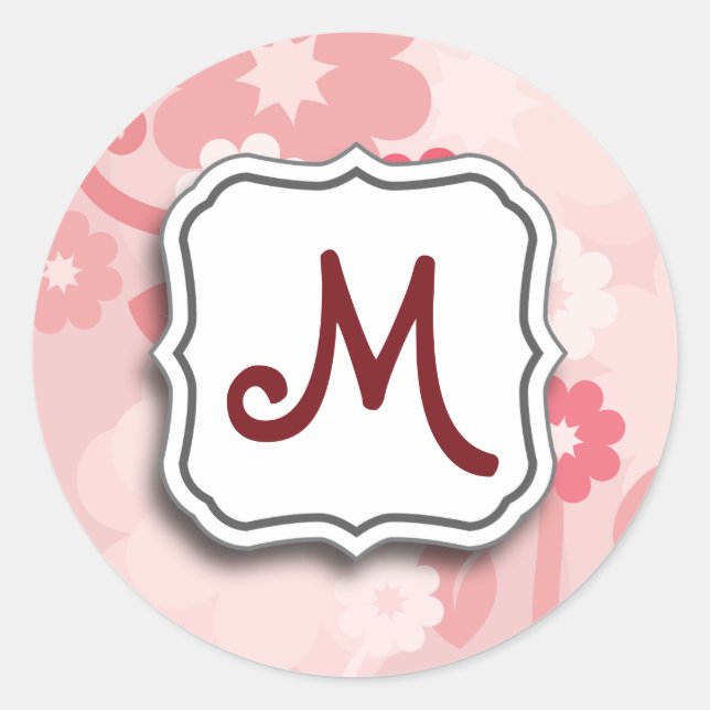 Abstract Swirl Floral Pink with Monogram Classic Round Sticker (Front)