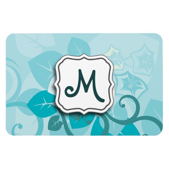 Abstract Swirl Floral Turquoise with Monogram Magnet (Horizontal)