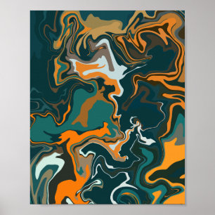 Abstract Swirl in Dark Green, Orange, & White Poster
