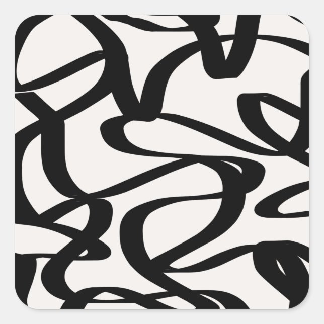 Abstract Swirl Lines Shapes Black And Beige Cream Square Sticker (Front)