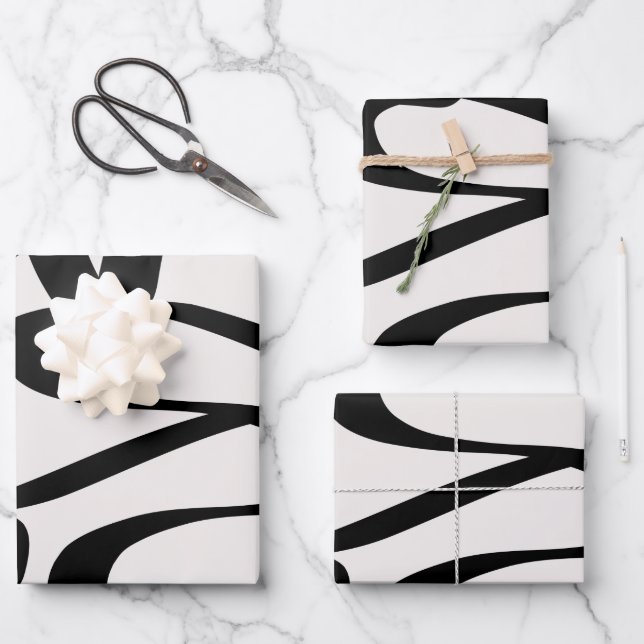 Abstract Swirl Lines Shapes Black And Beige Cream Wrapping Paper Sheet (Front)