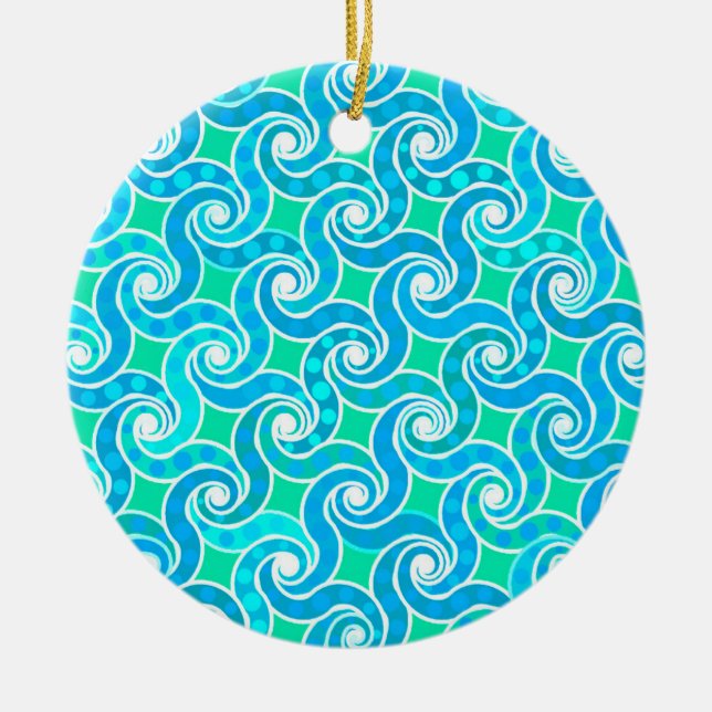 Abstract Swirl pattern - Blue, Jade green & White Ceramic Tree Decoration (Front)