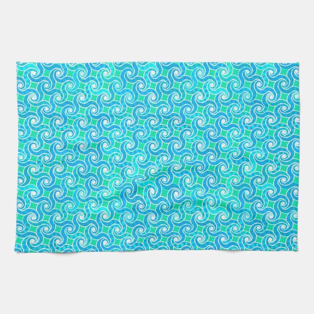 Abstract Swirl pattern - Blue, Jade green & White Tea Towel (Horizontal)
