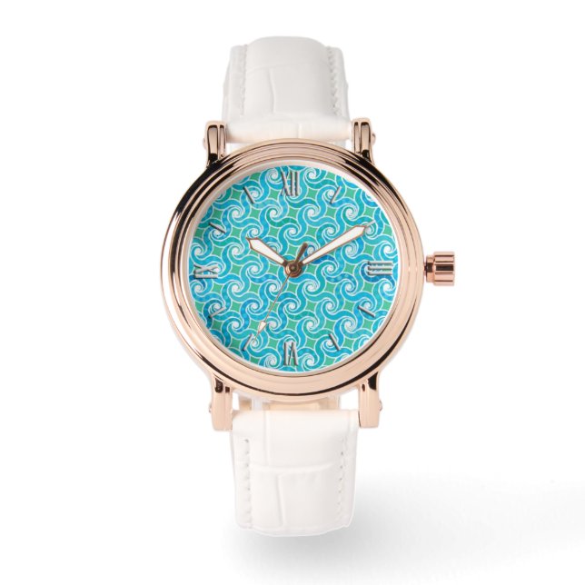 Abstract swirl pattern, turquoise, green, blue watch (Front)
