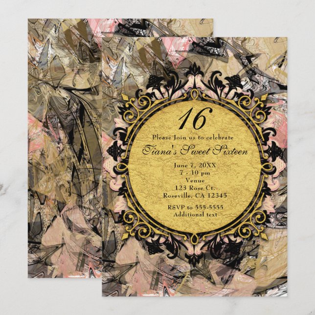 Abstract Swirl Pink Black & Gold Party Invitations (Front/Back)