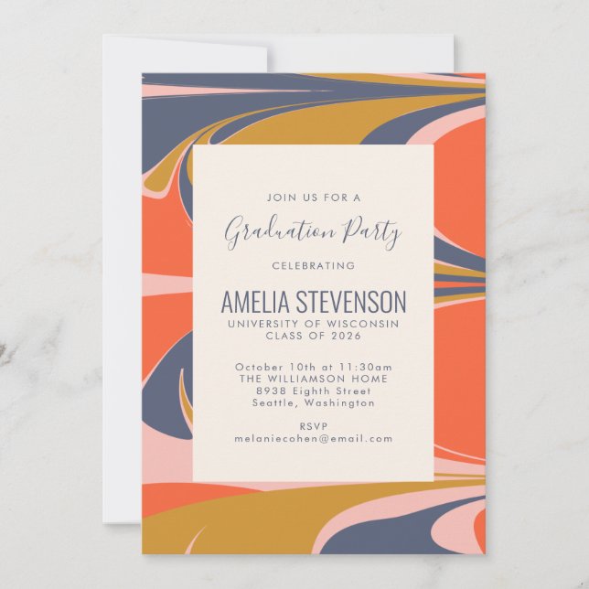 Abstract Swirl Retro Colourful Mod Graduation Part Invitation (Front)
