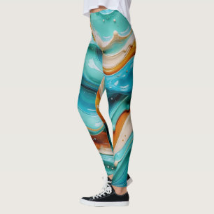 Abstract Swirling Teal and Orange Glossy Fluid Leggings