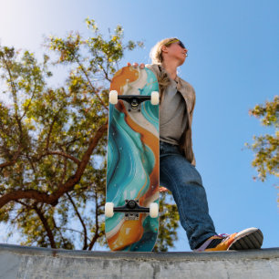 Abstract Swirling Teal and Orange Glossy Fluid Skateboard