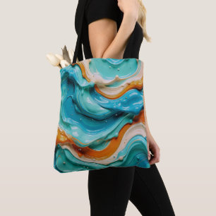 Abstract Swirling Teal and Orange Glossy Fluid Tote Bag