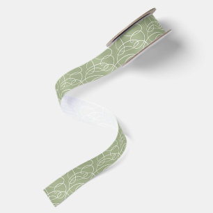 Abstract Swirling Vine Modern Line Art Sage Green Satin Ribbon