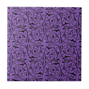 Abstract Swirling Vines Purple and Black Tile