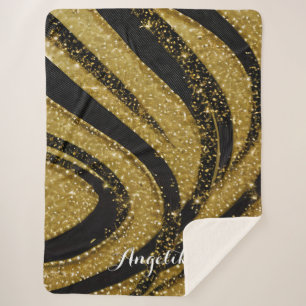 Abstract Swirls Black and Gold Personalised Name Sherpa Blanket