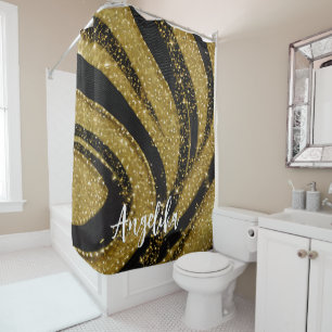 Abstract Swirls Black and Gold Personalised Name Shower Curtain