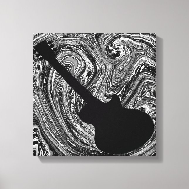 Abstract Swirls Guitar Canvas Print, Black & White Print (Front)