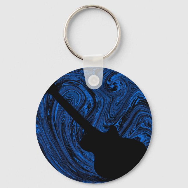 Abstract Swirls Guitar Keychain, Blue Key Ring (Front)