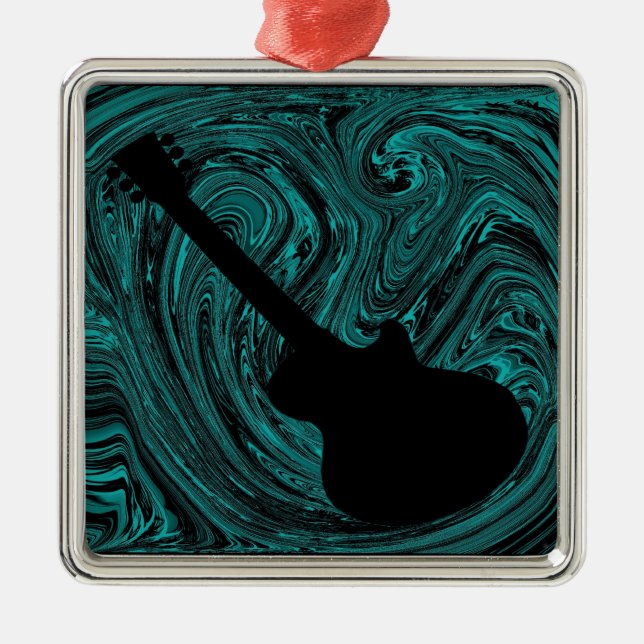 Abstract Swirls Guitar Ornament, Teal Metal Tree Decoration (Front)