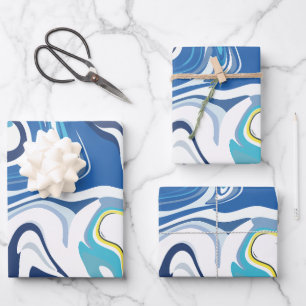 Abstract Swirls in Blue, Yellow, and White Wrapping Paper Sheet