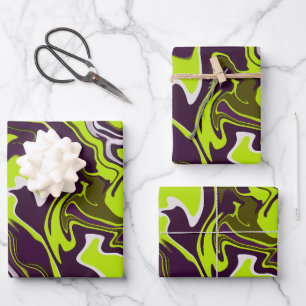 Abstract Swirls in Lime Green, Brown, & White Wrapping Paper Sheet