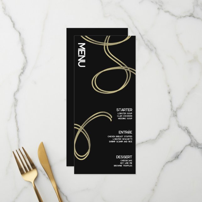 Abstract Swirly Black and White  Wedding Menu (Front/Back In Situ)