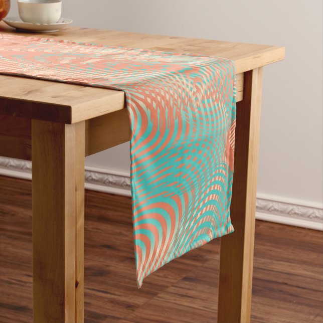 Abstract Swirly Pattern in Coral and Teal Short Table Runner (In Situ)