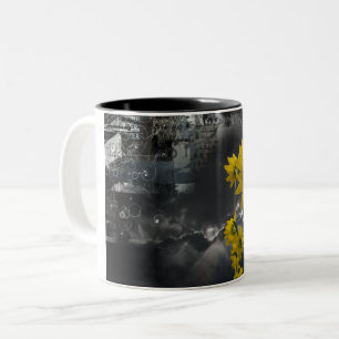 Abstract symbols and yellow flowers Two-Tone coffee mug