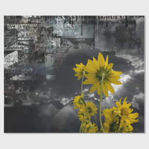Abstract symbols and yellow flowers wrapping paper
