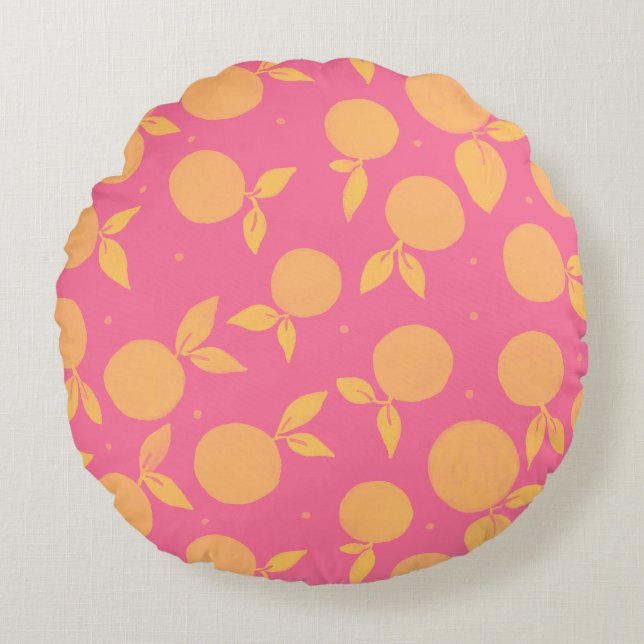 Abstract tangerine pink and yellow pattern round cushion (Front)