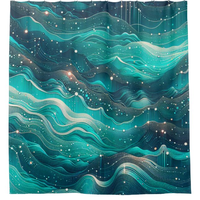 "Abstract Teal and Blue Water Waves" Shower Curtain (Front)