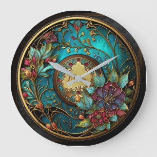 Abstract Teal and pink stained glass Mother's Day Large Clock