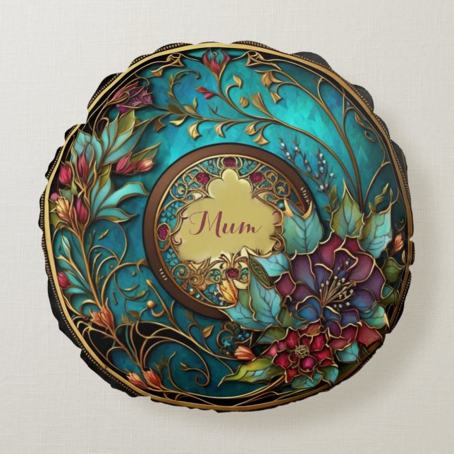 Abstract Teal and pink stained glass Mother's Day Round Cushion (Front)