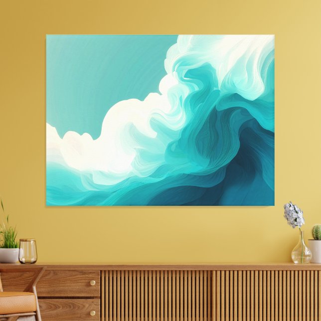Abstract Teal and White Flowing Waves Canvas Print (Insitu(LivingRoom))