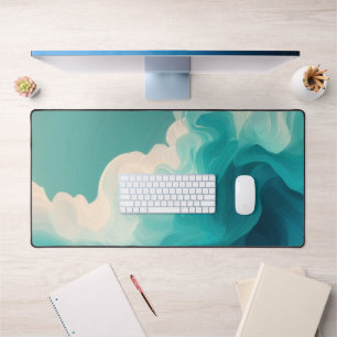 Abstract Teal and White Flowing Waves Desk Mat