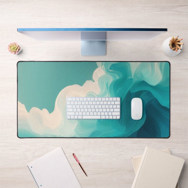 Abstract Teal and White Flowing Waves Desk Mat (Office 1)