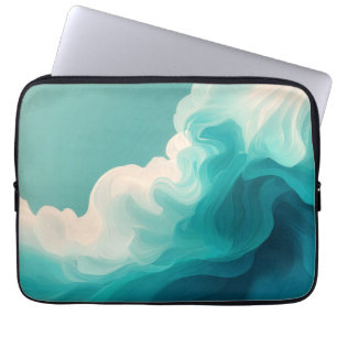 Abstract Teal and White Flowing Waves Laptop Sleeve