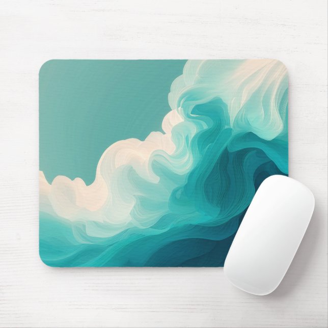 Abstract Teal and White Flowing Waves Mouse Mat (With Mouse)