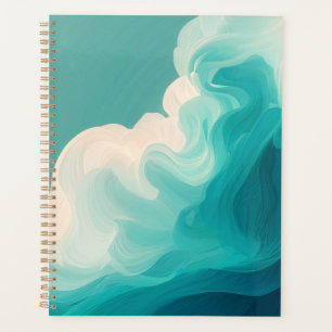 Abstract Teal and White Flowing Waves Planner