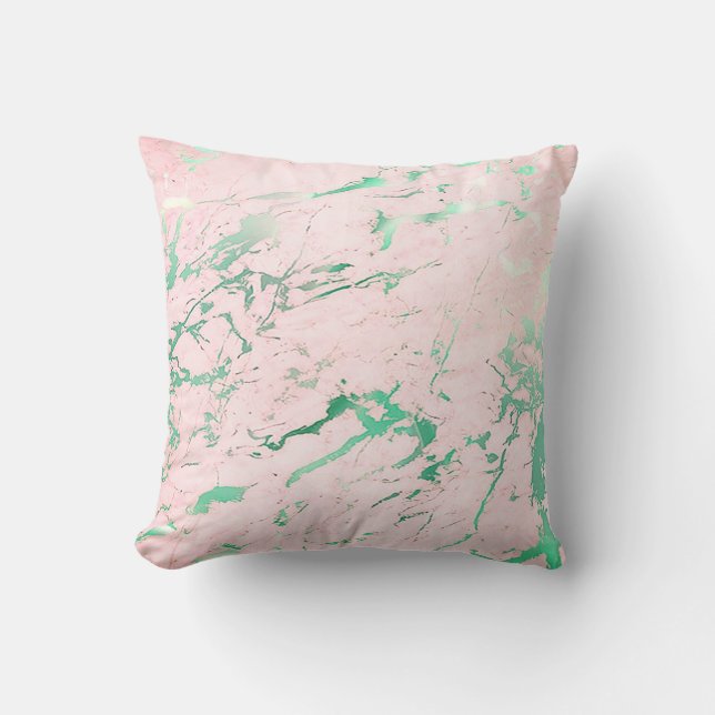 Abstract Teal Aquatic  Pink Rose Marble Luxury Cushion (Front)