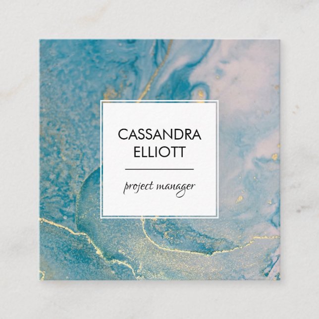 Abstract Teal Blue & Gold Alcohol Ink Liquid Art Square Business Card (Front)