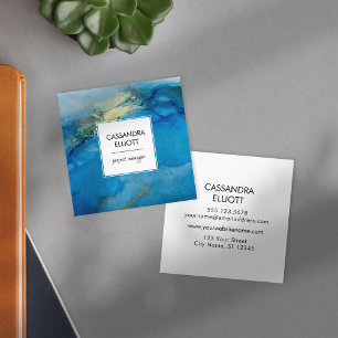 Abstract Teal Blue & Gold Alcohol Ink Liquid Art Square Business Card