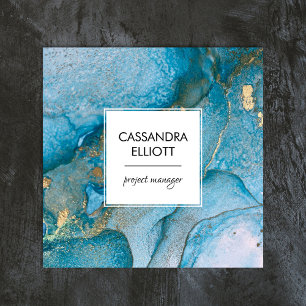 Abstract Teal Blue & Gold Alcohol Ink Liquid Art Square Business Card