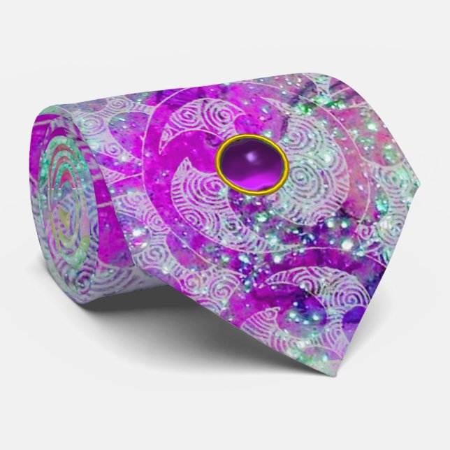 ABSTRACT TEAL BLUE,PINK WAVES,SPARKLES,PURPLE GEM TIE (Rolled)