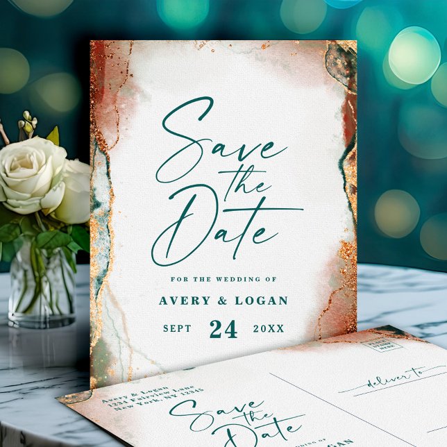 Abstract Teal & Copper Fall Wedding Save The Date Announcement Postcard (Teal and Copper Abstract Save the Date Postcard)
