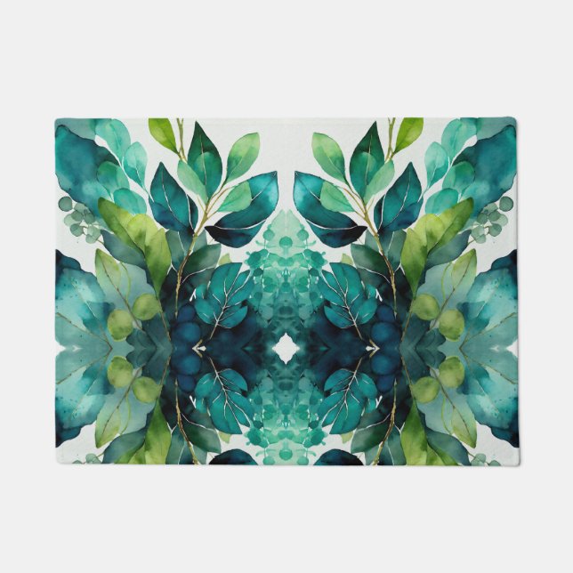 Abstract Teal, Green, Emerald, Botanical Doormat (Front)